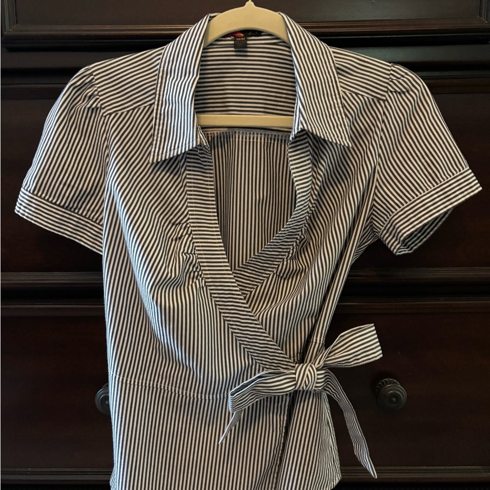 Forever 21 Black and White Wrap Blouse with Notched Collar